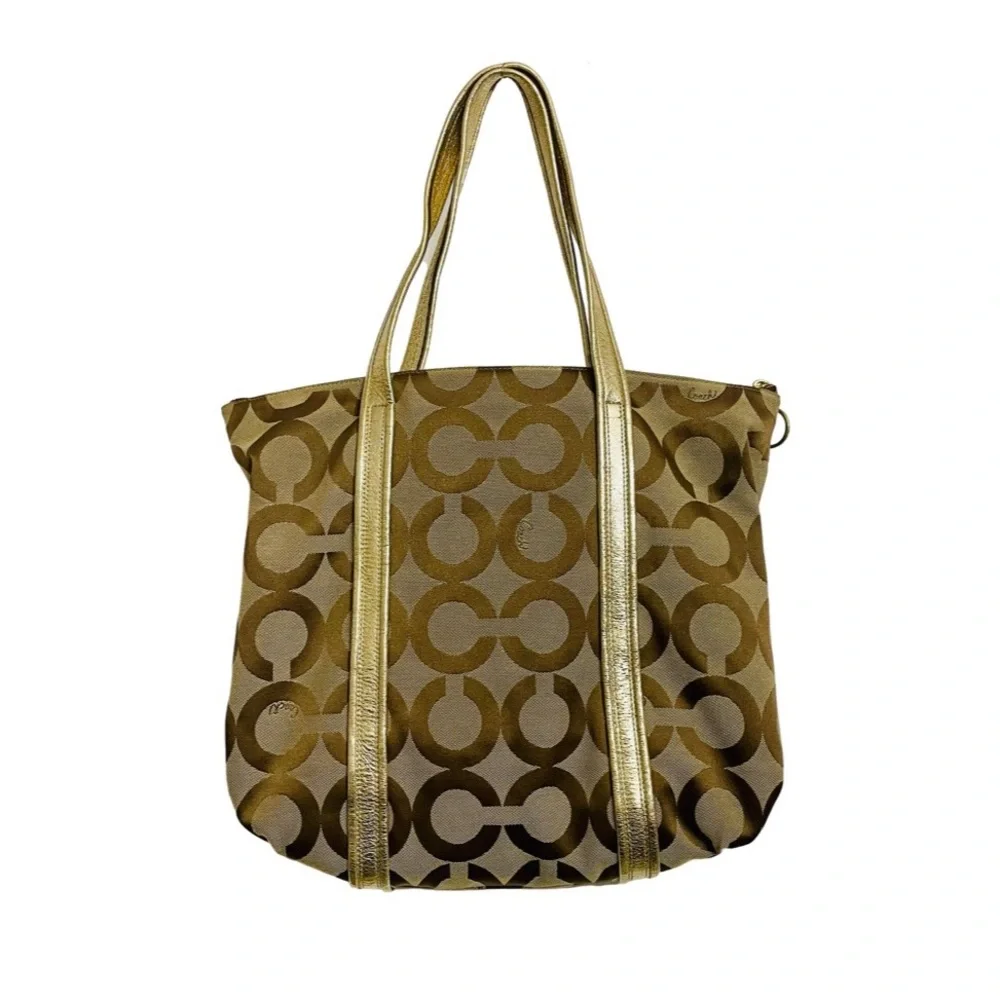 Coach Poppy Op Art Metallic Gold Large Glam Signature Tote - Picture 2 of 12